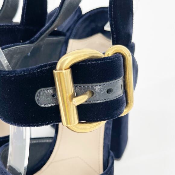 Prada Deep Navy Blue Velvet Block Heel Buckle Chunky Platform Sandal IT 38.5 - Picture 9 of 13